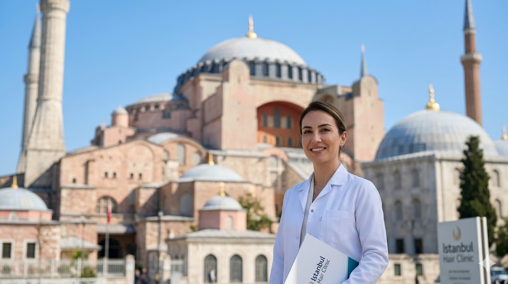  طبيبة تجميل متخصصة في زراعة الشعر في تركيا للنساء تقف أمام آيا صوفيا في إسطنبول.
