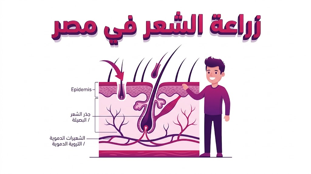 مخطط تشريحي علمي يوضح كيفية زراعة الشعر في مصر وتقنيات تثبيت البصيلات.