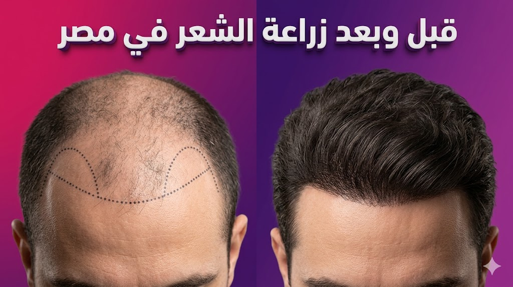  مقارنة قبل وبعد توضح نتائج زراعة الشعر في مصر وكثافة الشعر المحققة.