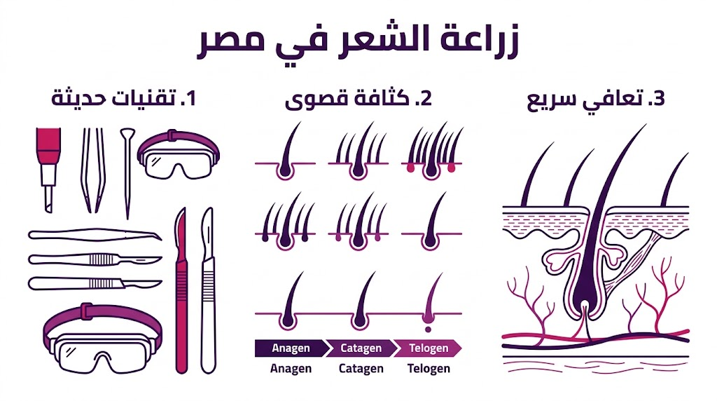  إنفوجرافيك تعليمي يستعرض ميزات زراعة الشعر في مصر من حيث التقنية والكثافة والتعافي.
