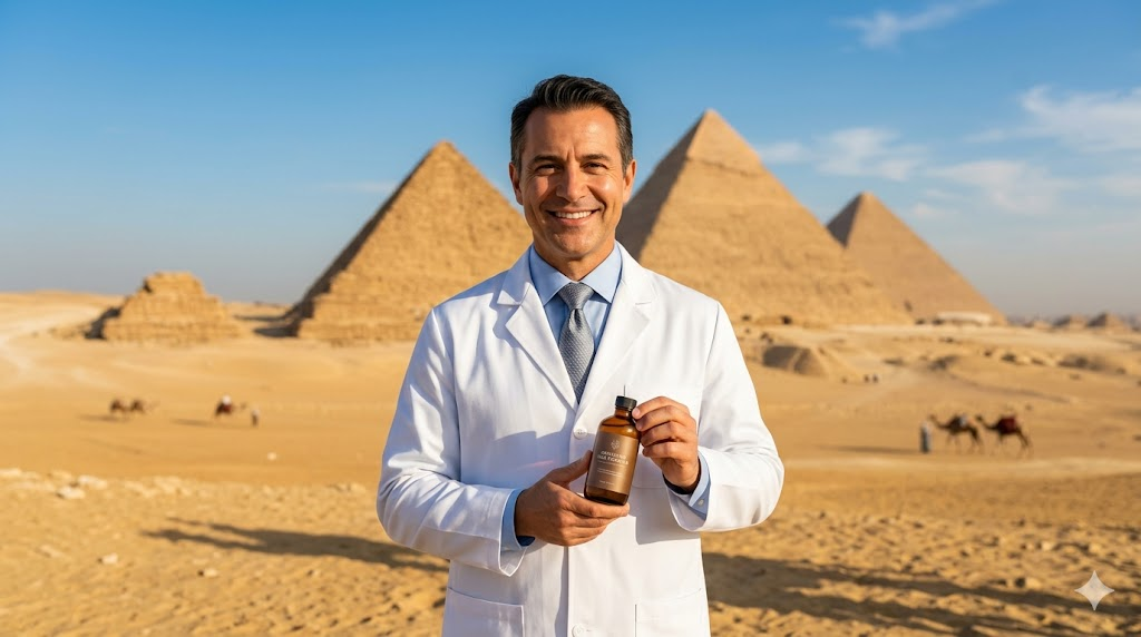  طبيب متخصص يقف أمام أهرامات الجيزة للترويج لخدمات زراعة الشعر في مصر.