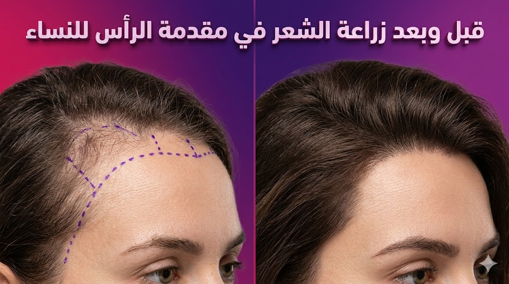 مقارنة قبل وبعد توضح نتائج زراعة الشعر في مقدمة الرأس للنساء وتكثيف خط الشعر الأمامي.