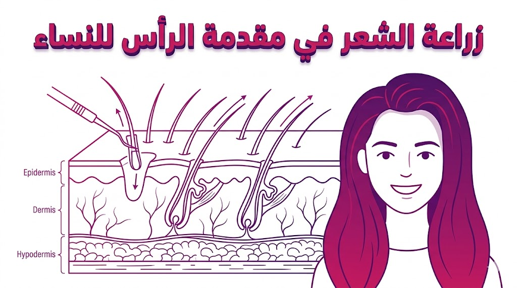  إنفوجرافيك تعليمي يوضح الجانب العلمي لعملية زراعة الشعر في مقدمة الرأس للنساء وتوزيع البصيلات.