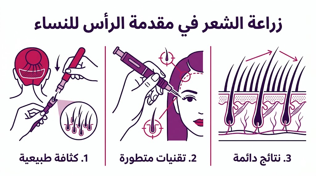 بوستر إنفوجرافيك يشرح مميزات زراعة الشعر في مقدمة الرأس للنساء باستخدام أحدث التقنيات.