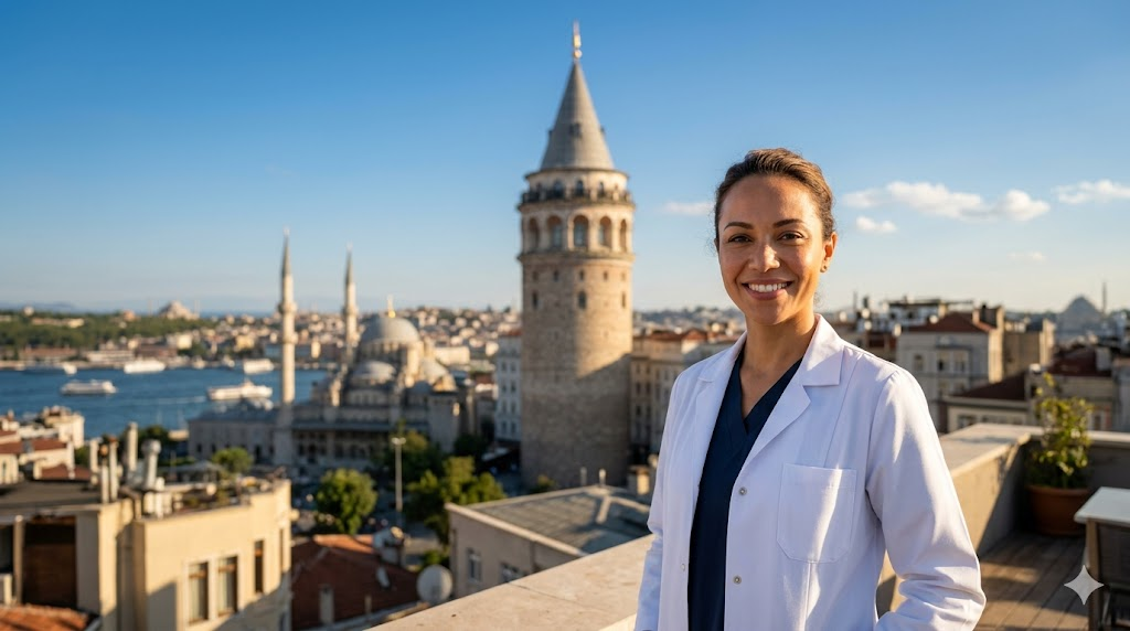 طبيب خبير في زراعة الشعر في مقدمة الرأس للنساء يقف أمام برج غالاتا التاريخي في مدينة اسطنبول بتركيا.