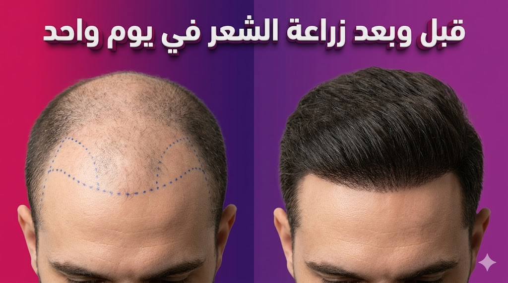 صورة مقارنة "قبل وبعد" توضح نتائج زراعة الشعر في يوم واحد وكثافة الشعر المحققة.