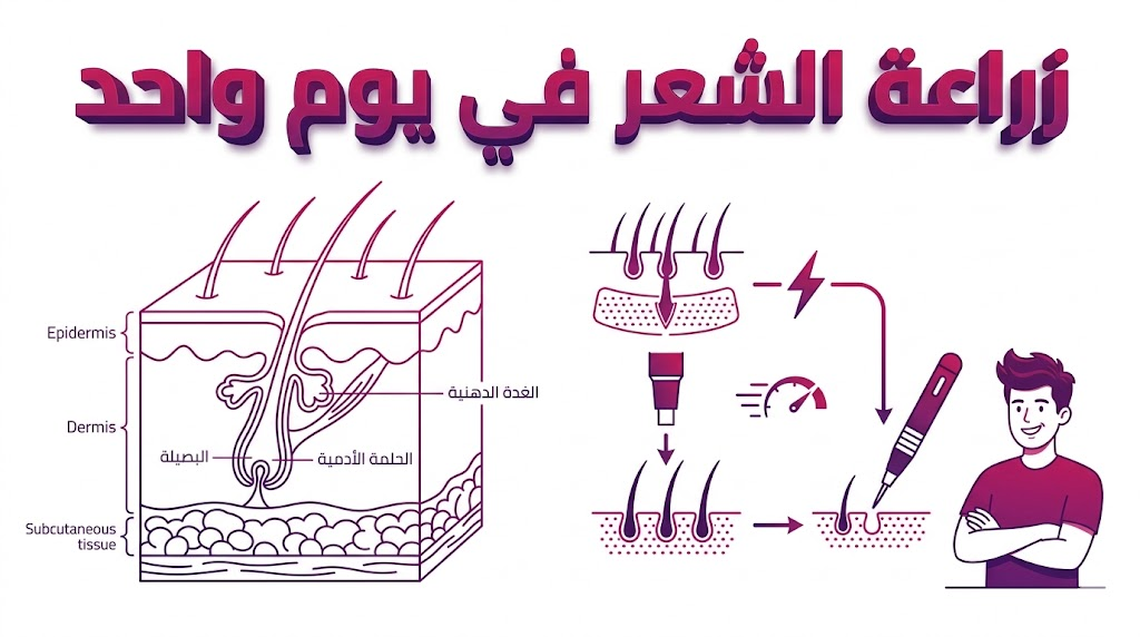 إنفوجرافيك تعليمي يوضح التشريح الدقيق لبصيلات الشعر وتقنية زراعة الشعر في يوم واحد.