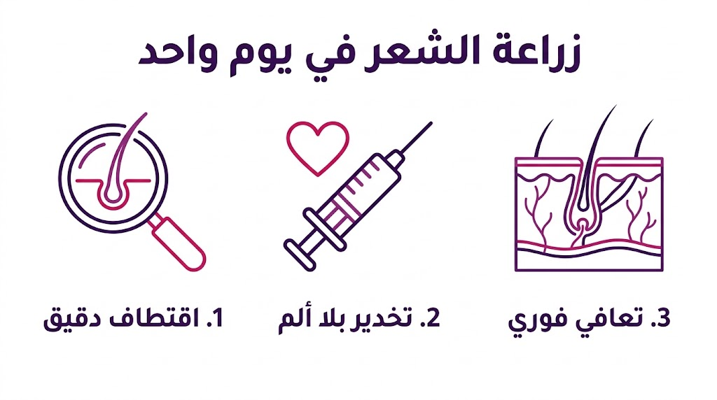  بوستر إنفوجرافيك يوضح مزايا زراعة الشعر في يوم واحد من الاقتطاف الدقيق إلى التعافي السريع.