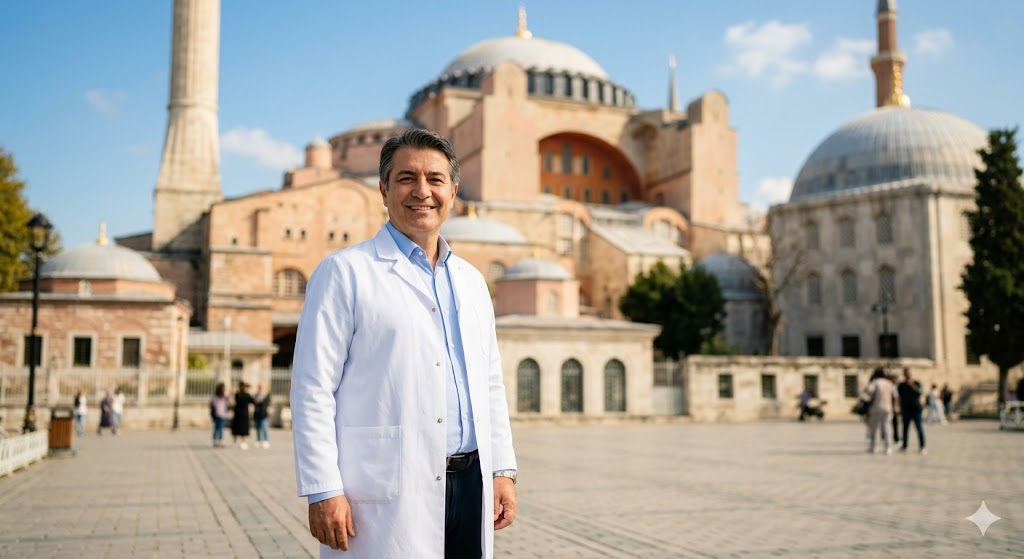  طبيب مختص في زراعة الشعر في يوم واحد يقف أمام جامع آيا صوفيا في اسطنبول بتركيا.