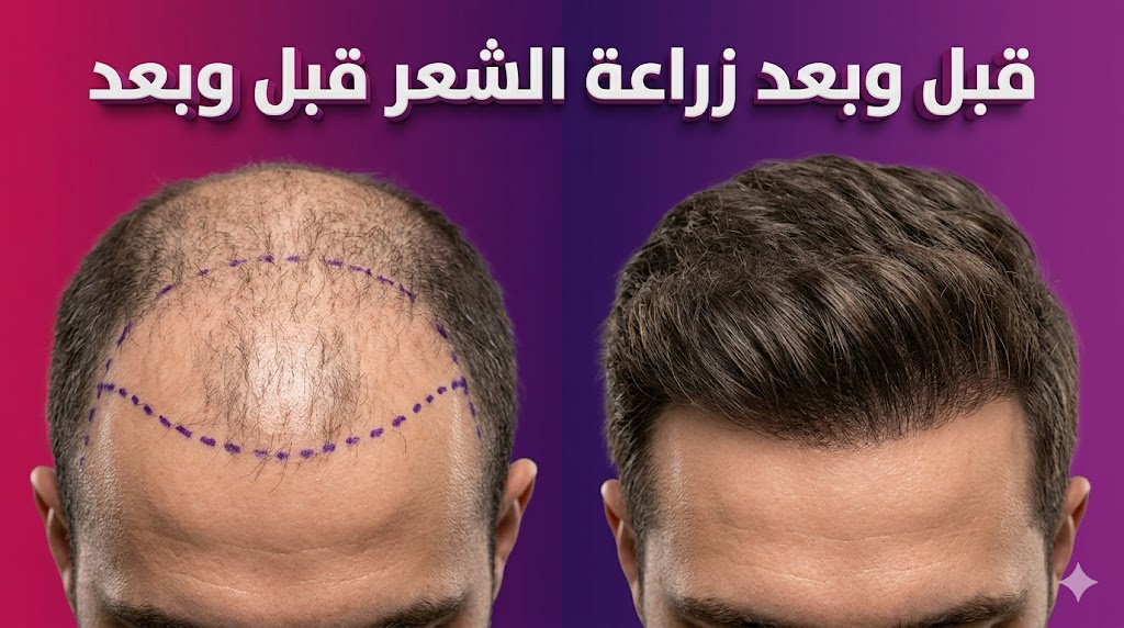  مقارنة واقعية تظهر نتائج زراعة الشعر قبل وبعد مع تحديد خط الشعر وتوضيح الكثافة النهائية.