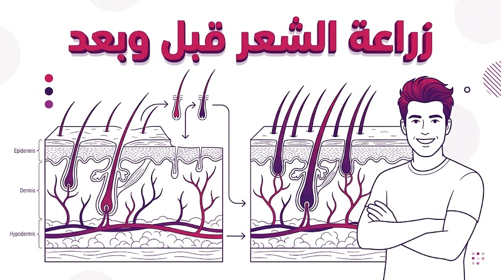  إنفوجرافيك تعليمي يوضح تشريح بصيلات الشعر وعلم زراعة الشعر قبل وبعد في مخطط احترافي.