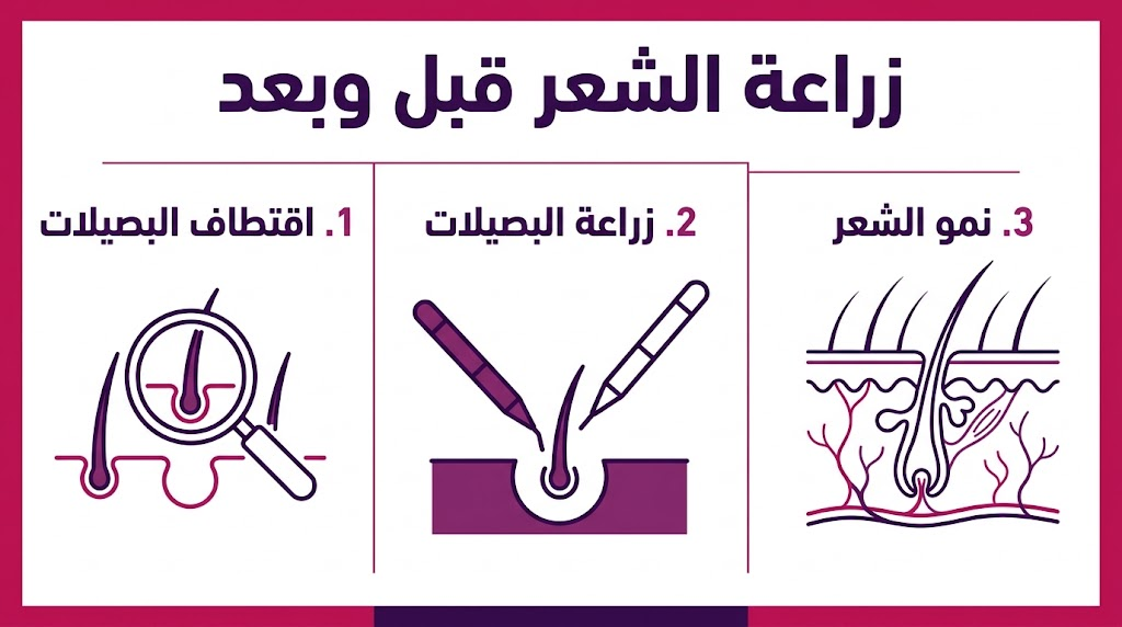  بوستر إنفوجرافيك يوضح مراحل عملية زراعة الشعر قبل وبعد من الاقتطاف حتى النمو النهائي.