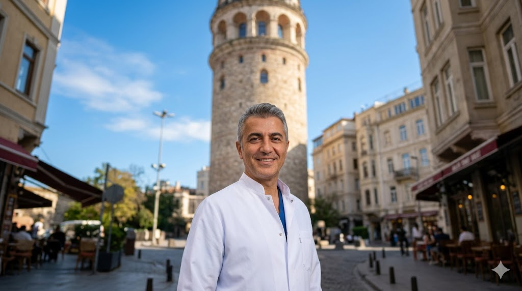  طبيب مختص في زراعة الشعر قبل وبعد يقف أمام برج غالاتا في إسطنبول، يمثل الخبرة الطبية في تركيا.