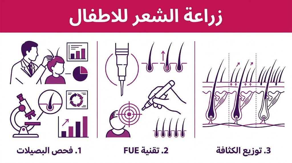  بوستر إنفوجرافيك طبي مقسم لثلاثة أقسام يشرح مراحل زراعة الشعر للاطفال من الفحص إلى توزيع الكثافة.