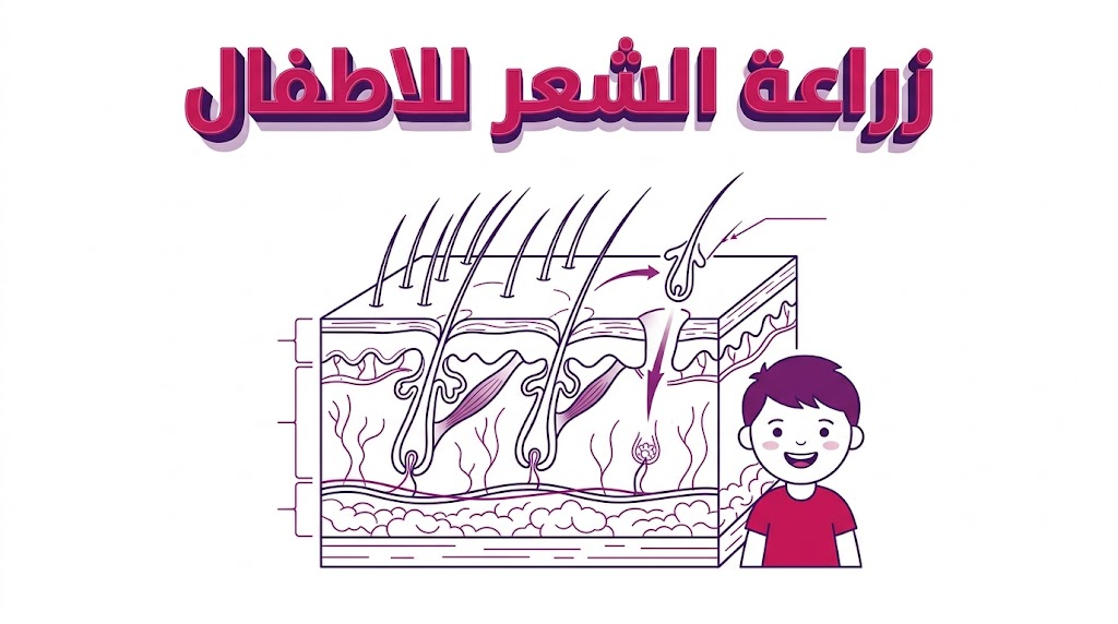  مخطط تشريحي طبي يوضح آلية زراعة الشعر للاطفال وتثبيت البصيلات في فروة الرأس.