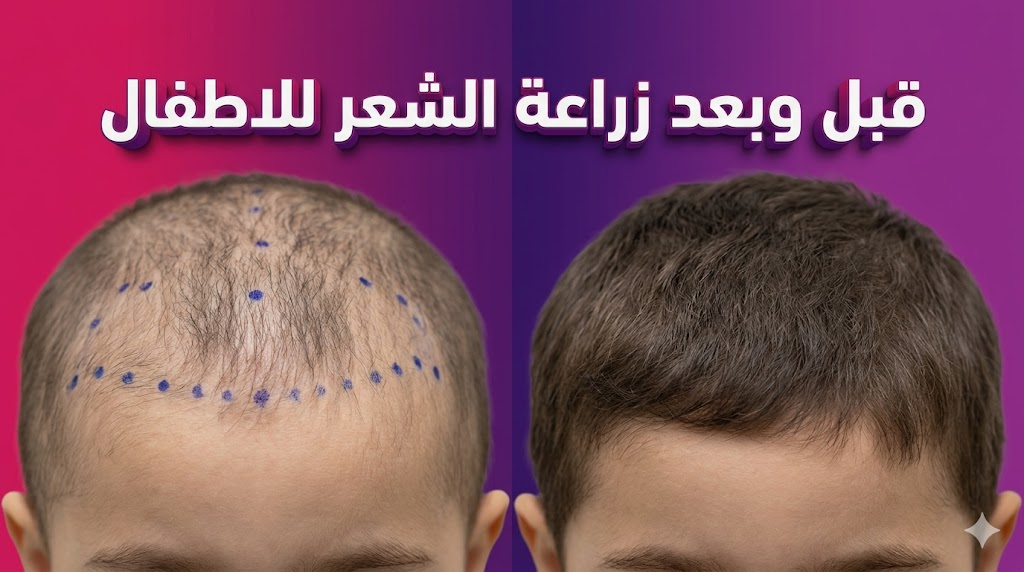 مقارنة قبل وبعد توضح نتائج زراعة الشعر للاطفال وكثافة الشعر الطبيعية المحققة.