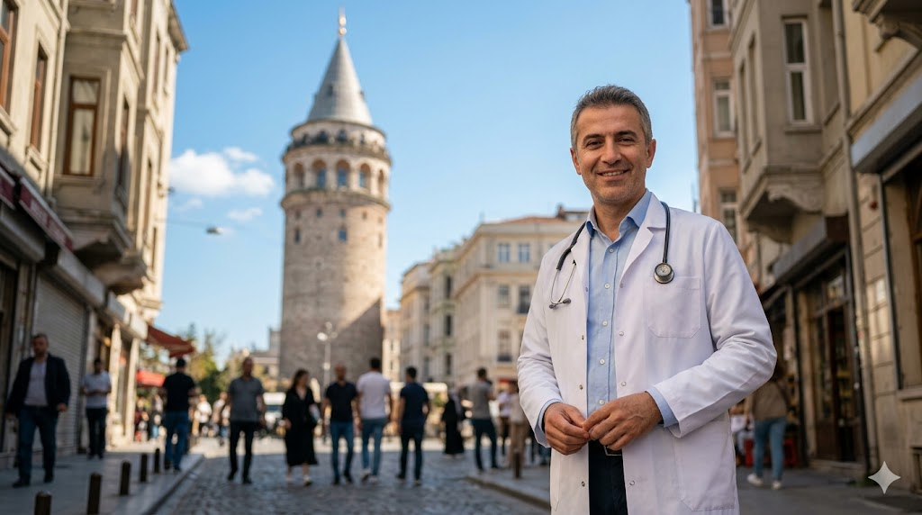 طبيب متخصص في زراعة الشعر للاطفال أمام برج غالاتا في اسطنبول، يرمز لخبرة تركيا الطبية.