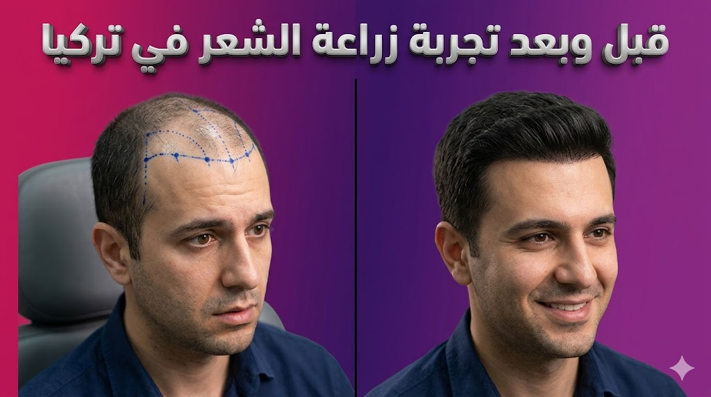 صورة "قبل وبعد" توضح نتائج تجربة زراعة الشعر في تركيا مع تخطيط طبي دقيق وكثافة شعر نهائية مثالية.