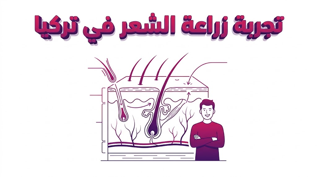 مخطط تشريحي تعليمي يوضح آلية غرس البصيلات والعلوم الطبية وراء تجربة زراعة الشعر في تركيا.