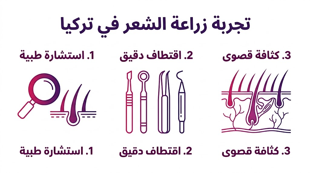 إنفوجرافيك طبي مقسم لثلاث مراحل يشرح الاستشارة والاقتطاف والنتائج في تجربة زراعة الشعر في تركيا.