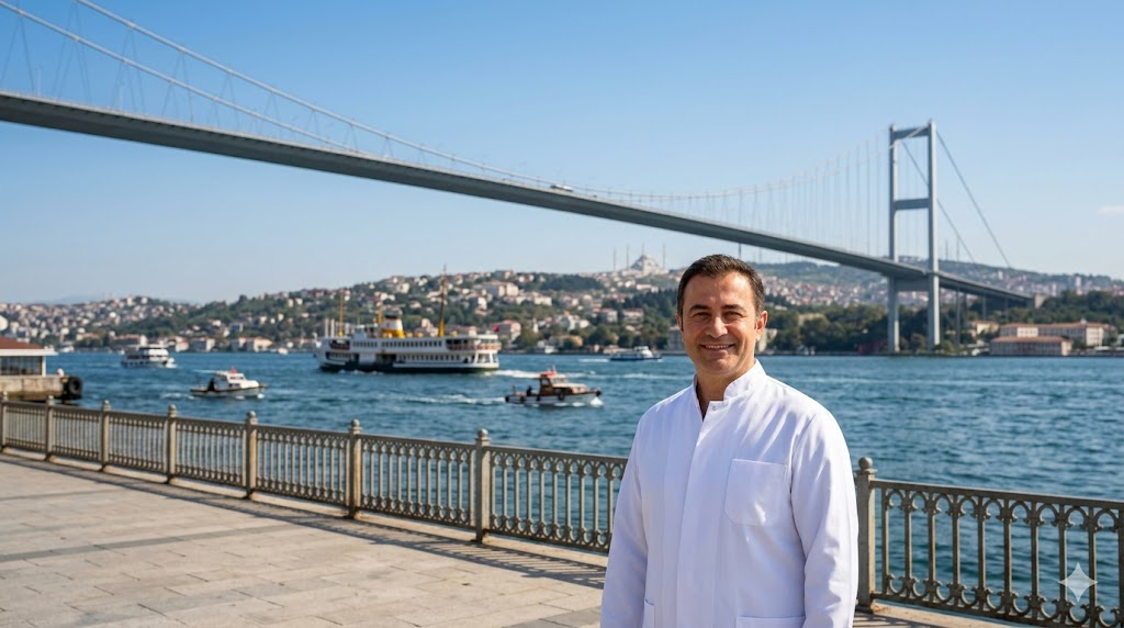 طبيب مختص في تركيا يقف أمام جسر البوسفور في إسطنبول، يرمز لنجاح واحترافية تجربة زراعة الشعر في تركيا.