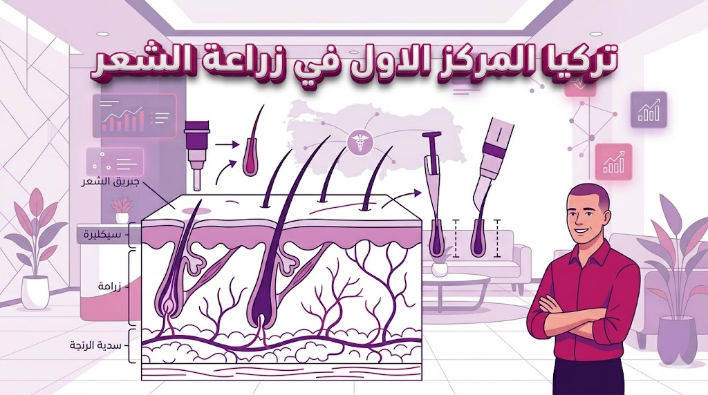  مخطط تشريحي يوضح جودة زراعة البصيلات والتقنيات التي جعلت تركيا المركز الاول في زراعة الشعر.