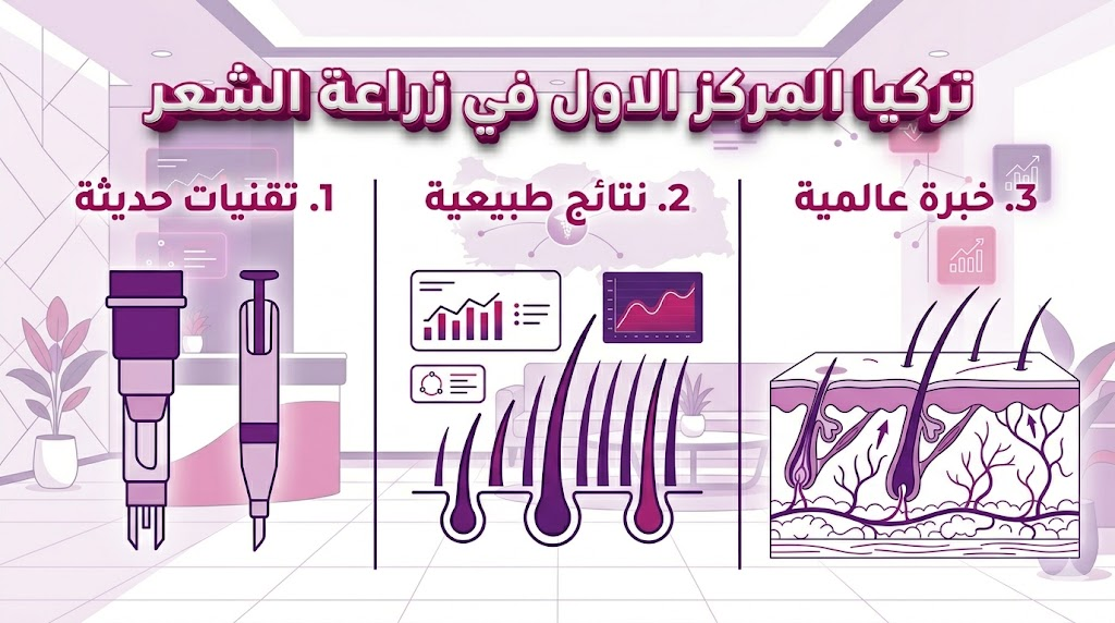  إنفوجرافيك يشرح ركائز النجاح التي جعلت تركيا المركز الاول في زراعة الشعر.