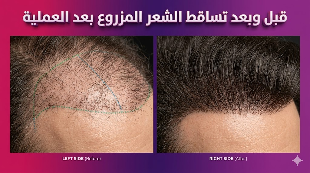 مقارنة قبل وبعد تظهر مرحلة تساقط الشعر المزروع بعد العملية ثم النمو النهائي الكثيف.