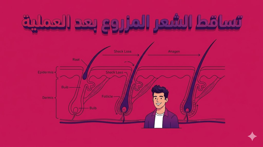 مخطط تشريحي يوضح بنية بصيلة الشعر ومرحلة تساقط الشعر المزروع بعد العملية لضمان النمو الجديد.