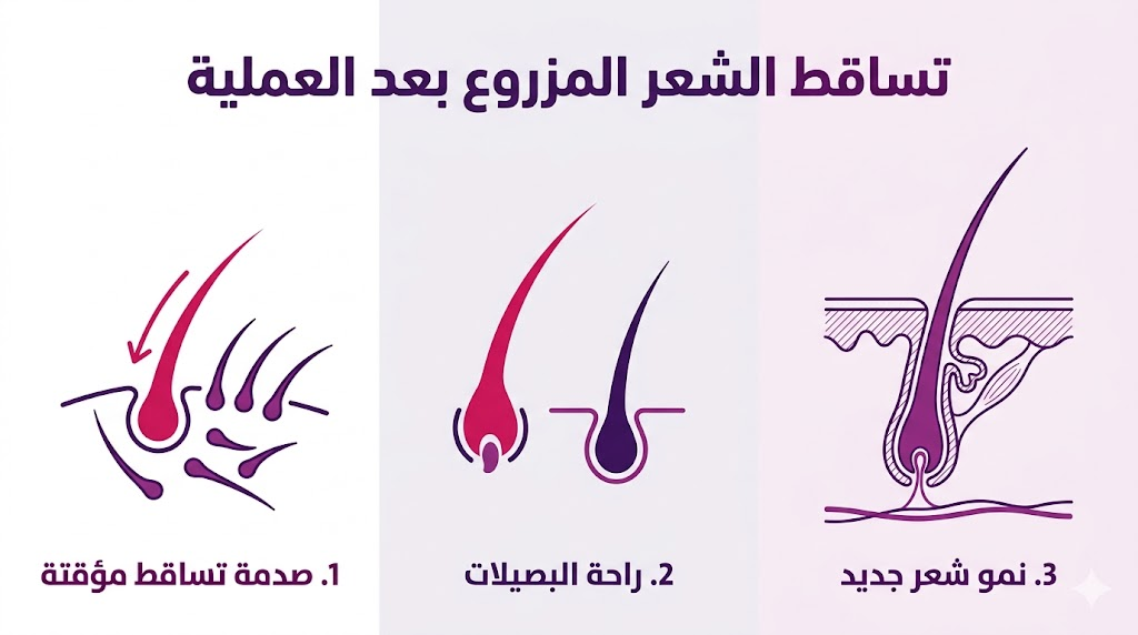  إنفوجرافيك طبي يشرح مراحل صدمة البصيلات وعملية تساقط الشعر المزروع بعد العملية المؤقتة.