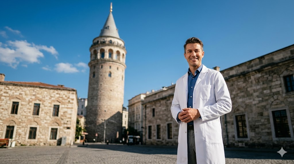 طبيب تجميل متخصص يقف أمام برج غالاتا في تركيا، حيث تتوفر أفضل خيارات تكلفة شد الصدر بدون جراحة.