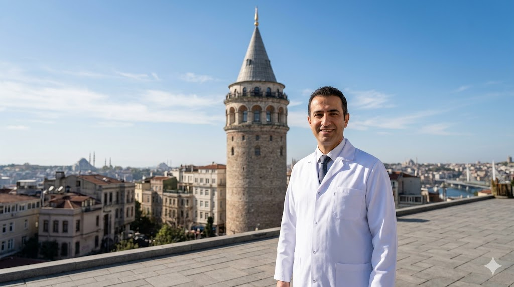 طبيب مختص في زراعة الشعر يقف أمام برج غالاتا في إسطنبول لشرح مرحلة تساقط الشعر المزروع بعد العملية.