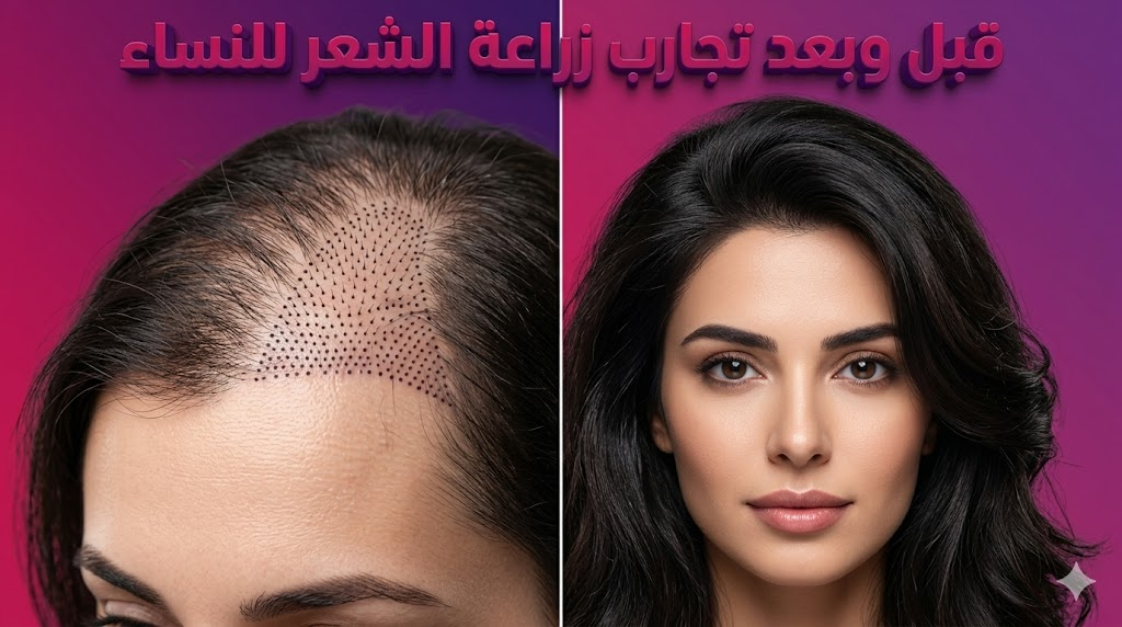 مقارنة قبل وبعد توضح نتائج تجارب زراعة الشعر للنساء مع خطوط طبية توضيحية وكثافة شعر نهائية.
