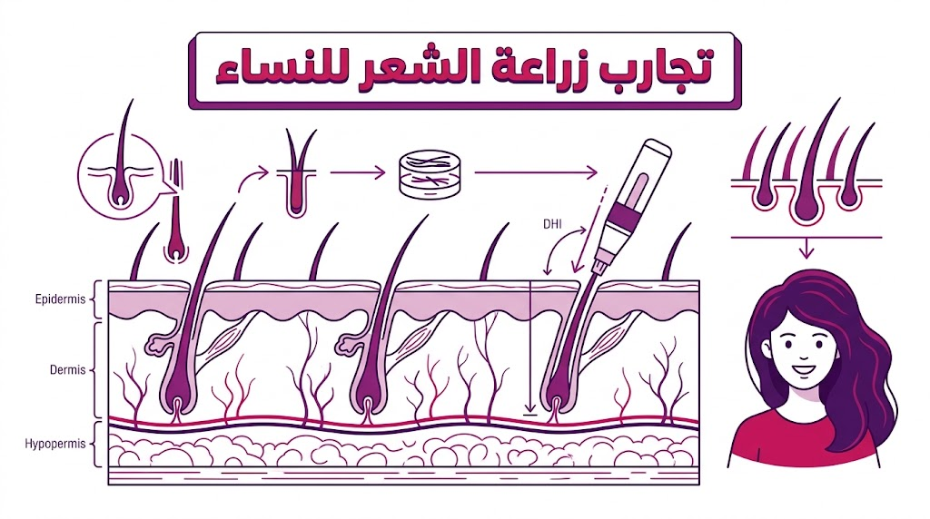 إنفوجرافيك تعليمي يوضح تشريح فروة الرأس وآلية زراعة البصيلات ضمن تجارب زراعة الشعر للنساء.