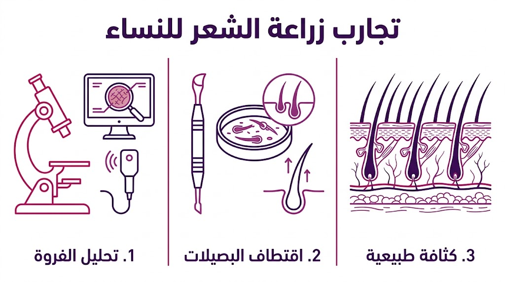  إنفوجرافيك مقسم لثلاث مراحل يشرح خطوات تحليل الفروة والاقتطاف للحصول على كثافة ضمن تجارب زراعة الشعر للنساء.