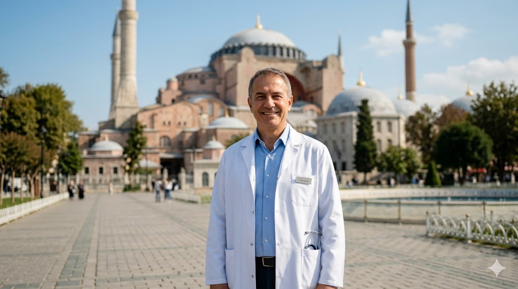 طبيب مختص في تجارب زراعة الشعر للنساء يقف أمام جامع آيا صوفيا في إسطنبول بتصوير فوتوغرافي احترافي.