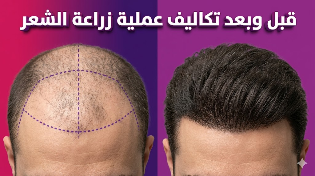 صورة مقارنة "قبل وبعد" توضح نتائج زراعة الشعر مع نص يوضح تكاليف عملية زراعة الشعر.