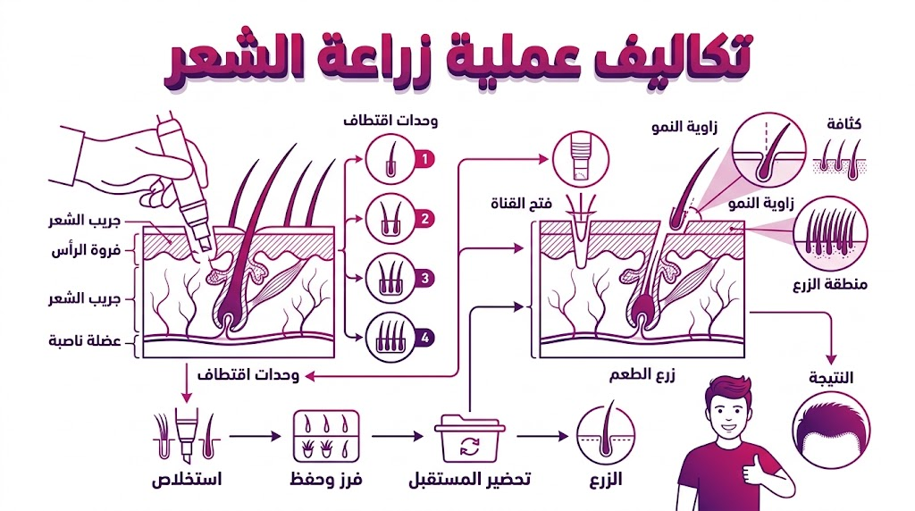 مخطط تشريحي تعليمي يوضح آلية بصيلات الشعر المرتبطة بـ تكاليف عملية زراعة الشعر.