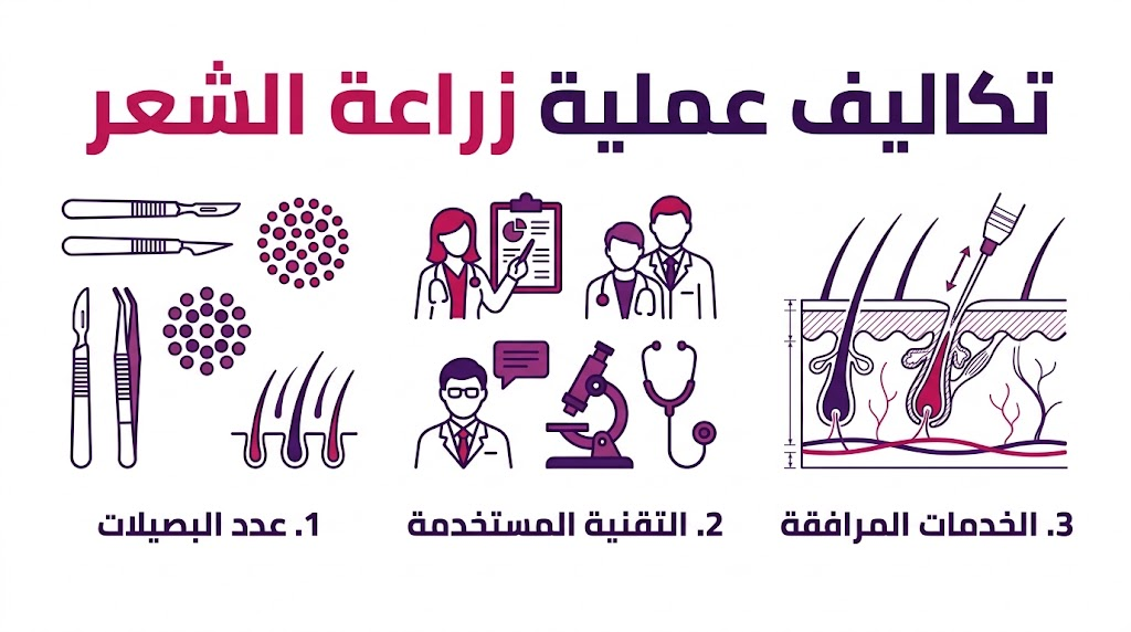 إنفوجرافيك يوضح العوامل الأساسية التي تحدد تكاليف عملية زراعة الشعر مثل عدد البصيلات والتقنية.