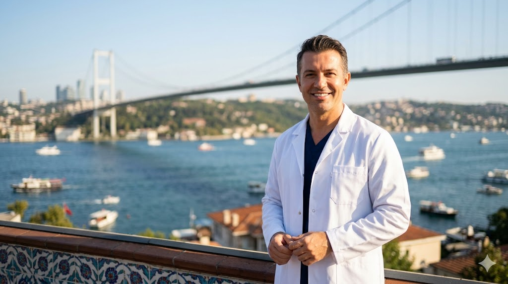 طبيب مختص في تركيا أمام جسر البوسفور يشير إلى جودة الخدمات المرتبطة بـ تكاليف عملية زراعة الشعر.