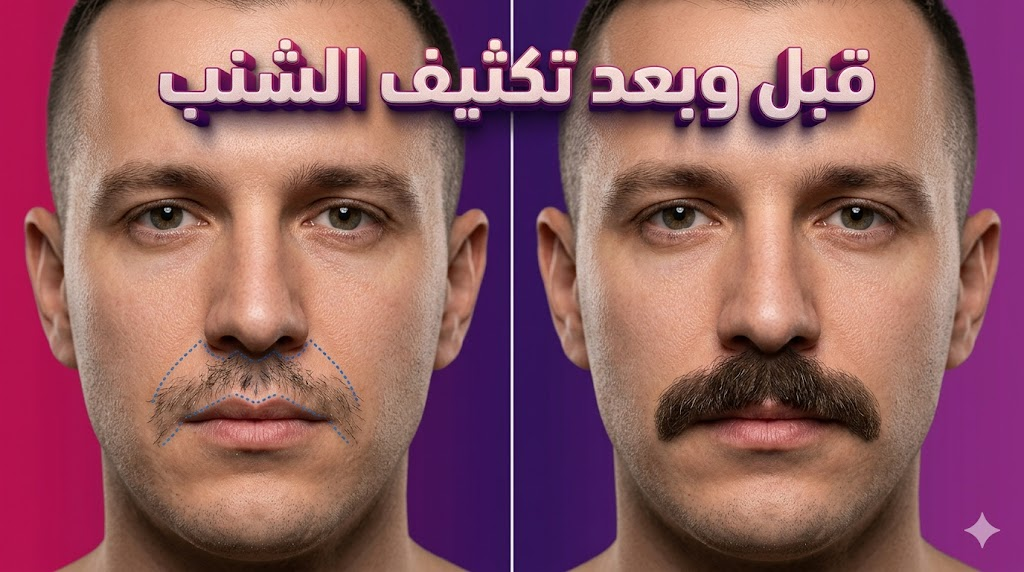 صورة واقعية توضح نتائج قبل وبعد تكثيف الشنب مع تحديد الفراغات في جهة والنتائج النهائية المكتملة في الجهة الأخرى.