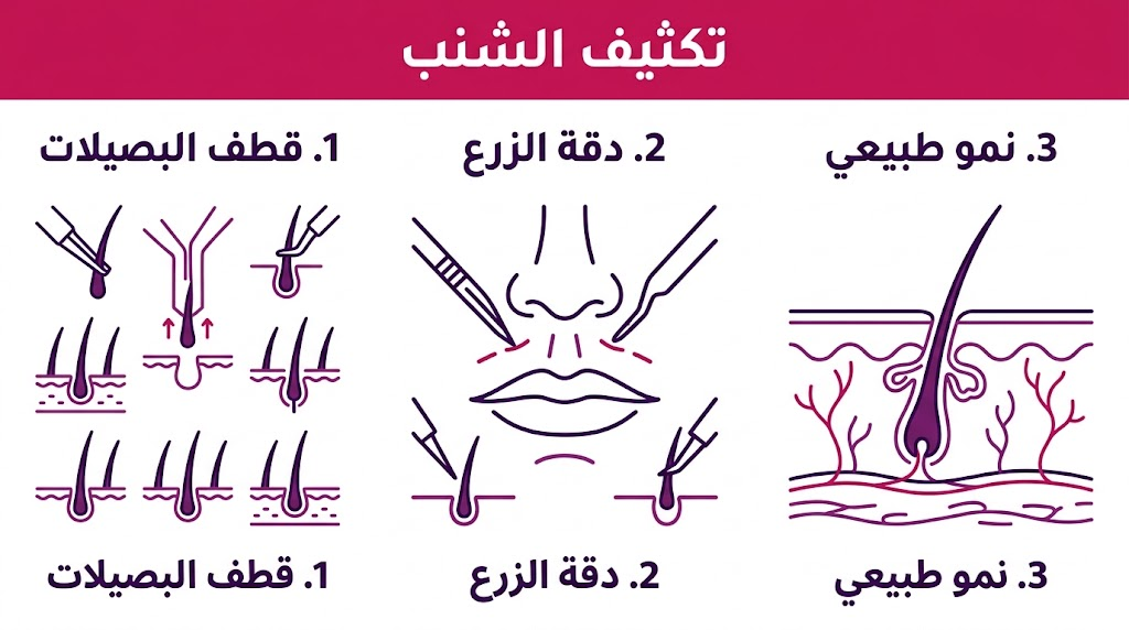  بوستر إنفوجرافيك طبي يشرح مراحل عملية تكثيف الشنب من القطف إلى النمو الطبيعي النهائي.