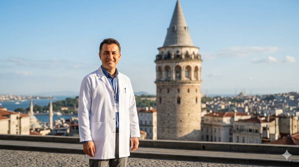 طبيب متخصص في تكثيف الشنب يقف بذكاء أمام برج غالاتا في اسطنبول، مما يعكس جودة السياحة العلاجية.