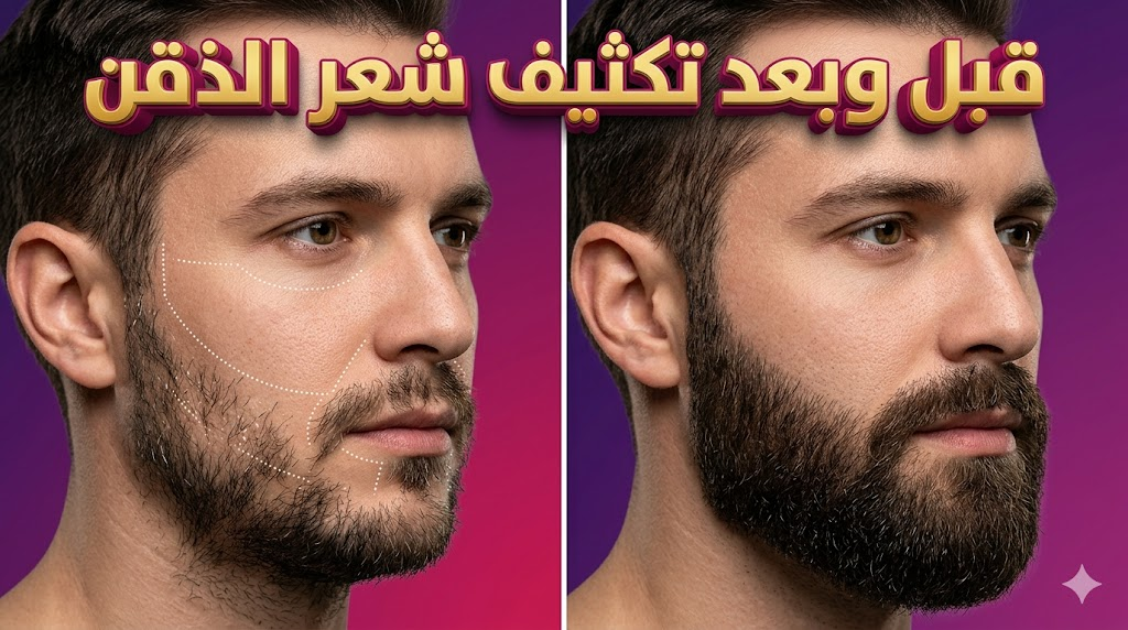 صورة واقعية توضح نتائج قبل وبعد تكثيف شعر الذقن مع تحديد المناطق الطبية قبل الزراعة والنتيجة الكثيفة النهائية.