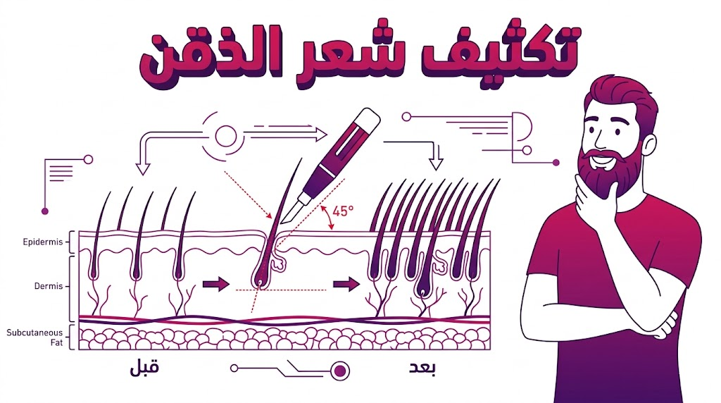  إنفوجرافيك طبي يوضح العلم وراء تكثيف شعر الذقن وزوايا غرس البصيلات لضمان مظهر طبيعي.