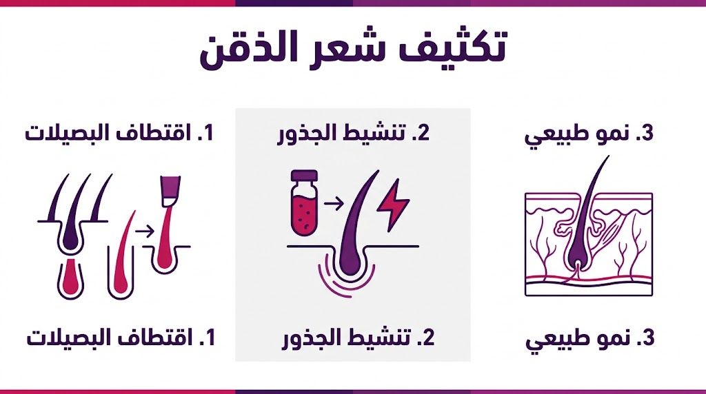  بوستر إنفوجرافيك مقسم لثلاث مراحل توضح خطوات تكثيف شعر الذقن من الاقتطاف إلى النمو النهائي.