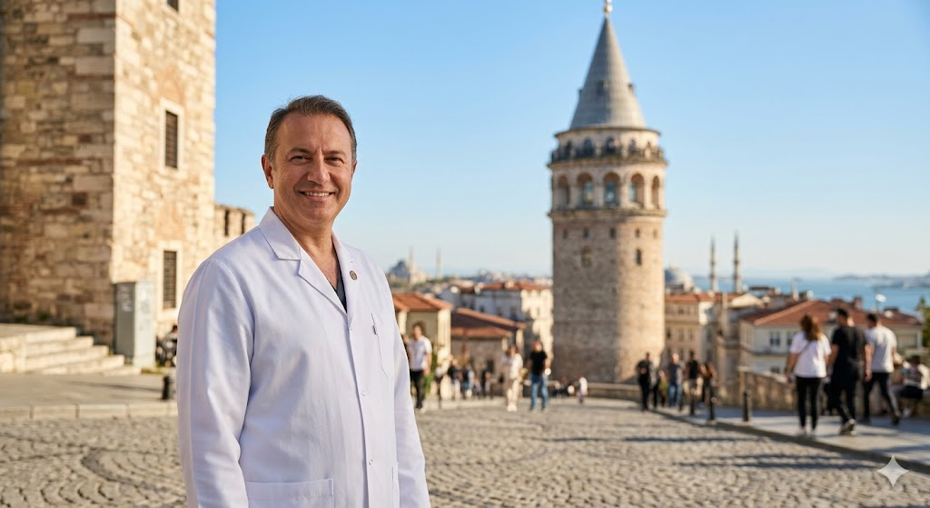 طبيب مختص في تكثيف شعر الذقن يقف أمام برج غالاتا التاريخي في إسطنبول، تعبيراً عن السياحة العلاجية الرائدة.