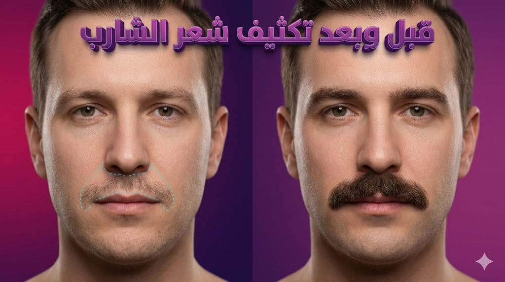 مقارنة واقعية قبل وبعد لعملية تكثيف شعر الشارب تظهر نتائج زراعة الشعر الدقيقة والمظهر الكثيف.