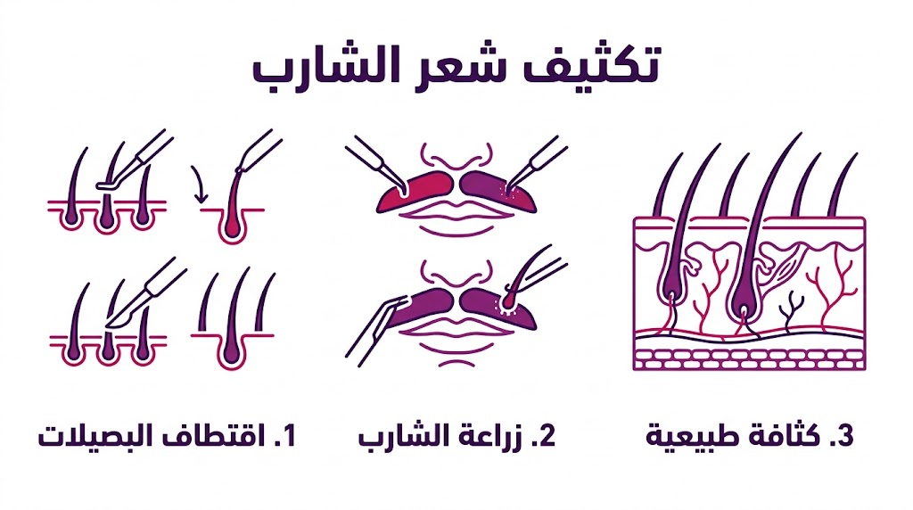  إنفوجرافيك طبي يوضح مراحل تكثيف شعر الشارب من الاقتطاف إلى الحصول على الكثافة الطبيعية.