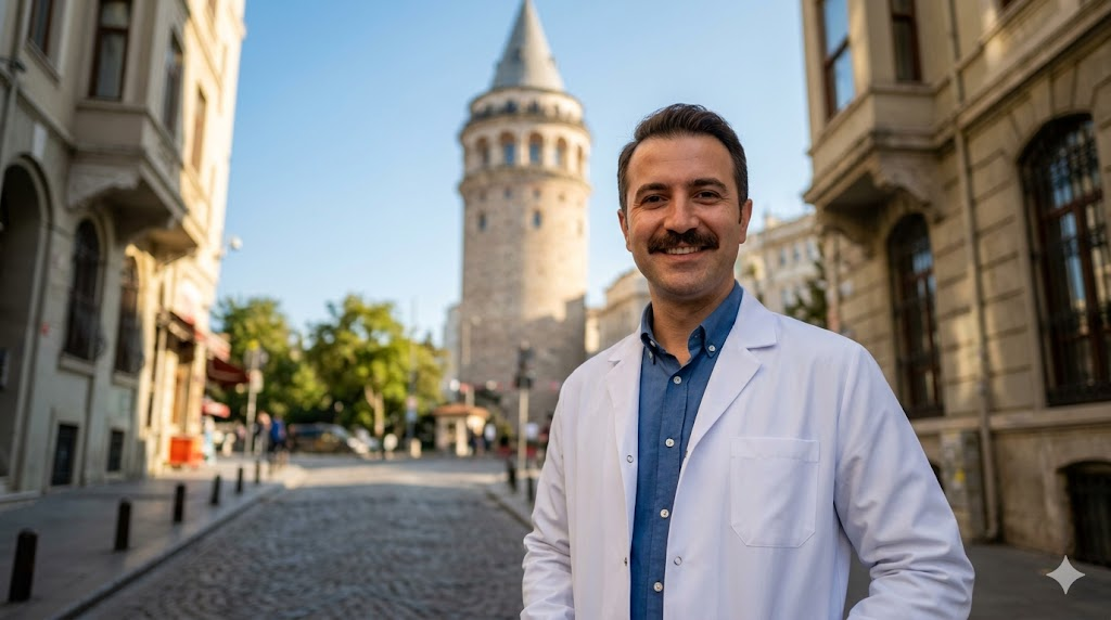 جراح تجميل خبير أمام برج غالاتا في إسطنبول يمثل التميز الطبي في عمليات تكثيف شعر الشارب.